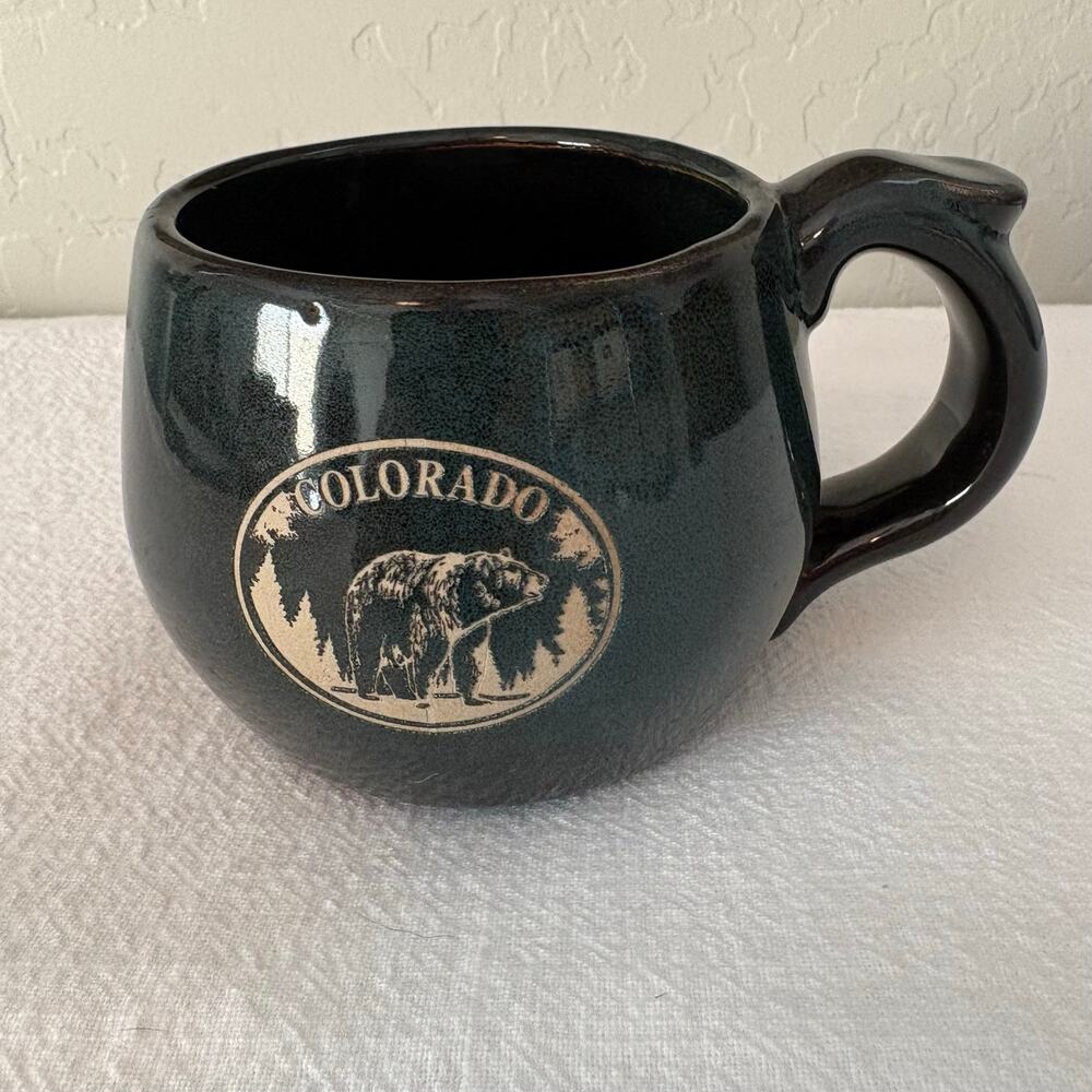 Colorado Bear Pottery Mug Dark Green Unmarked Rustic Cabin